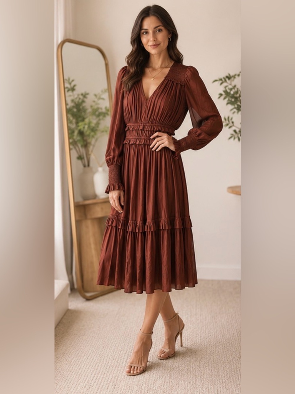 ELIE TAHARI Smocked Pleated Long Sleeve Midi Dress – Brown/Rust Small